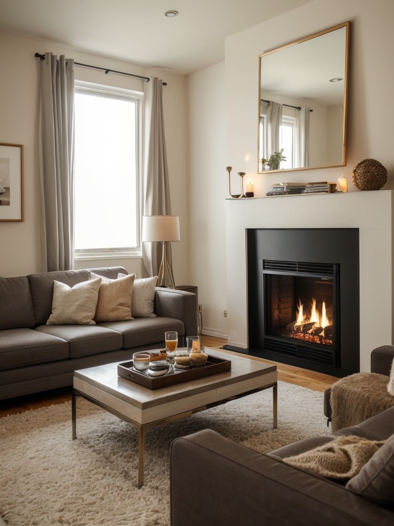 Cozy apartment living room design with a modern fireplace as the focal point.