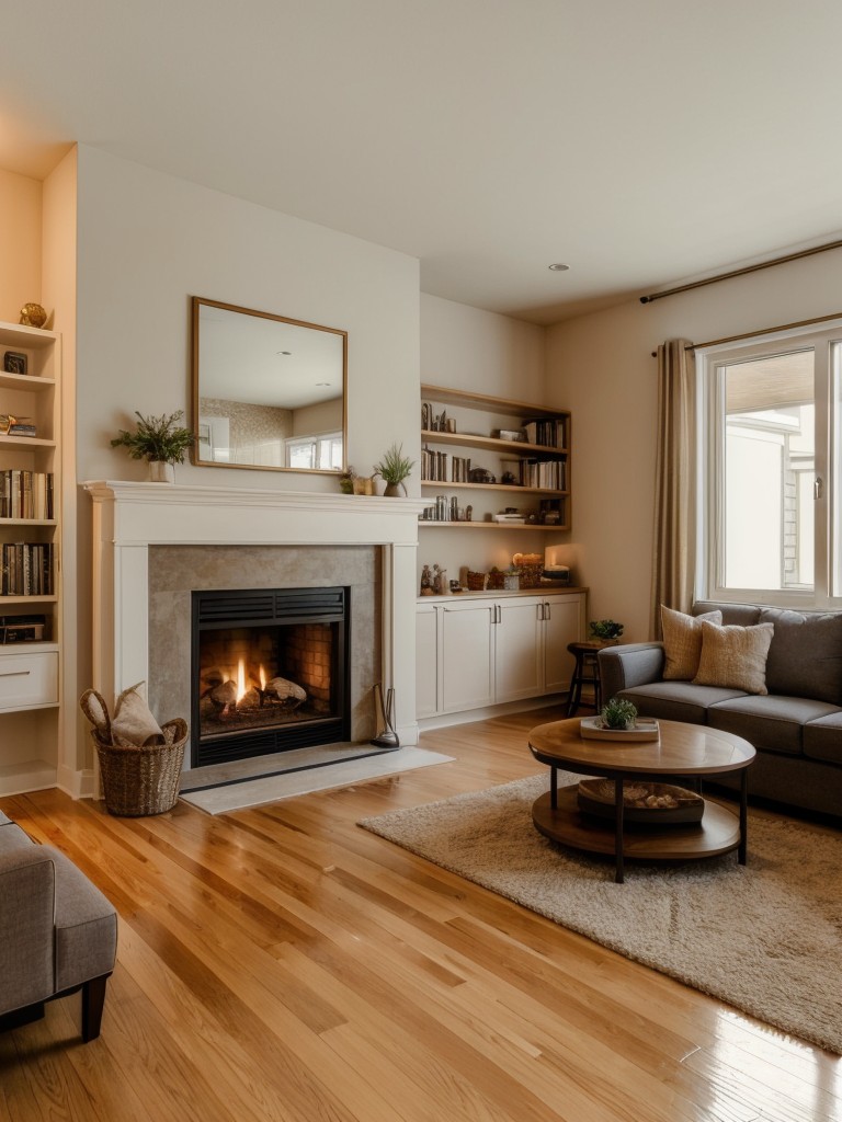 Cozy apartment living room with a fireplace as the focal point, adding warmth and ambiance to the space.