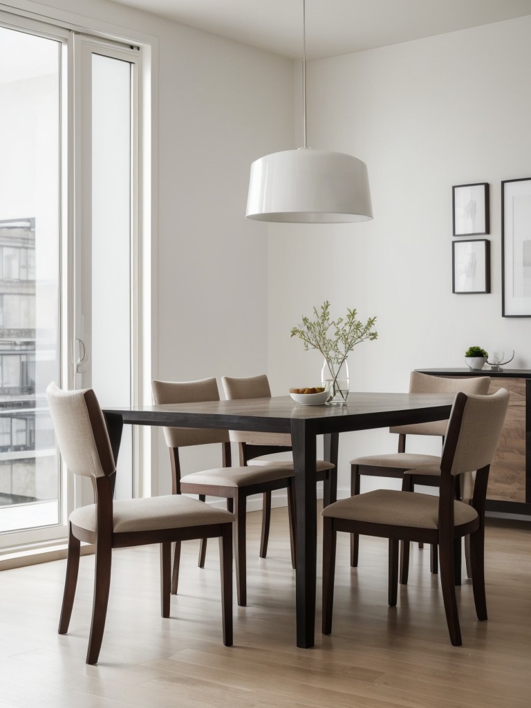 Create a minimalist dining area in your apartment with clean lines, a simple color palette, and minimal décor for a sleek and uncluttered look.