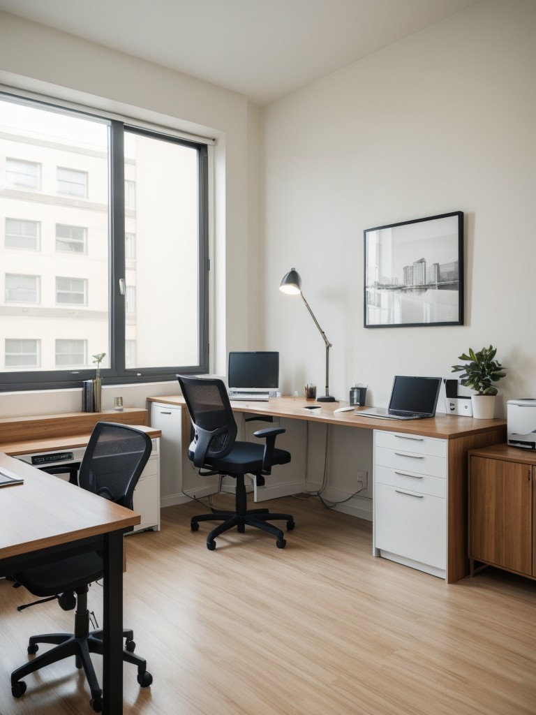 Create a productive and inviting apartment office by incorporating ergonomic furniture that prioritizes comfort and functionality.