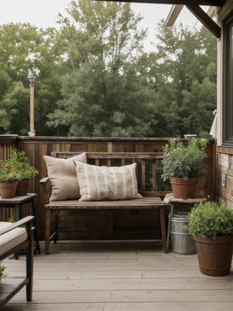 Create a rustic and inviting ambiance on your apartment patio by incorporating farmhouse-inspired elements such as distressed wood furniture, potted plants, and vintage accents.