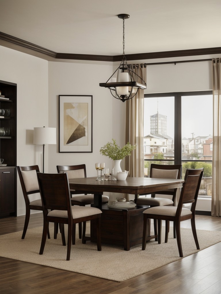 Create a seamless transition between traditional and modern styles in your apartment's dining area, incorporating a mix of furniture pieces, textures, and finishes for a unique and dynamic look.