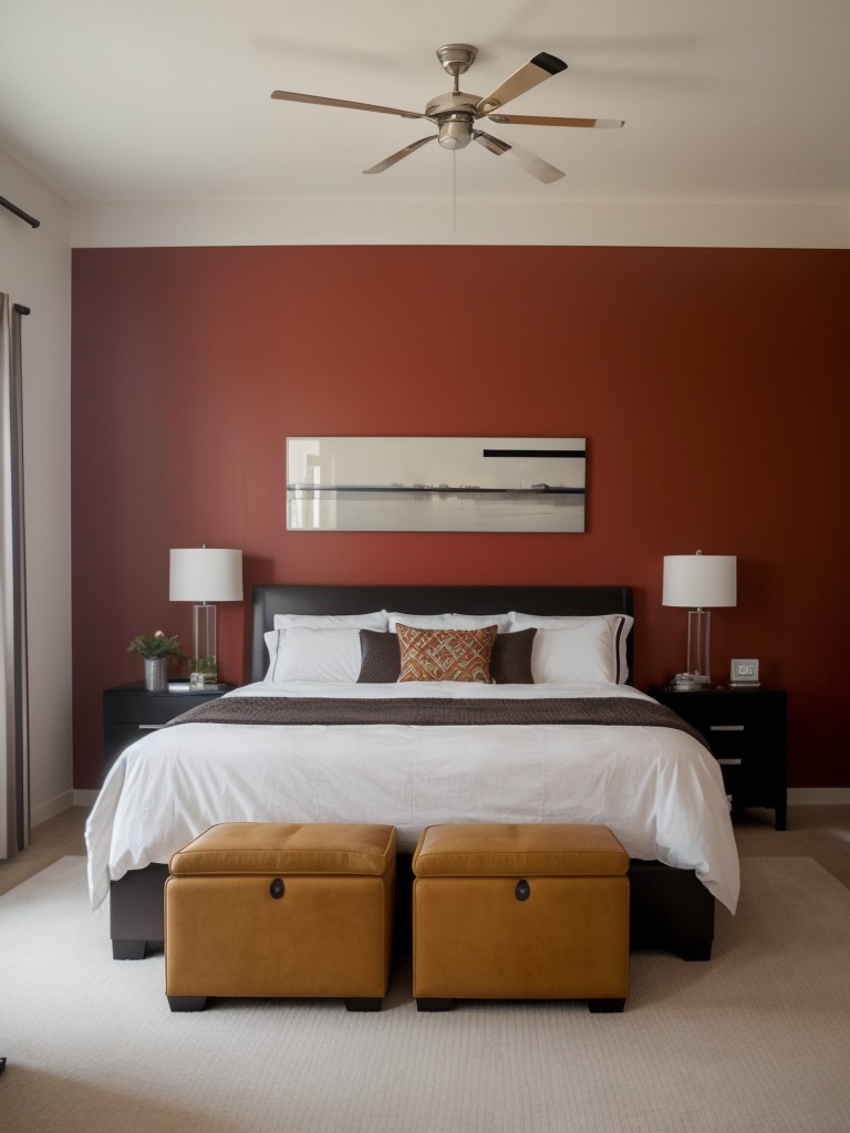 Create a statement in your apartment bedroom with a bold accent wall.