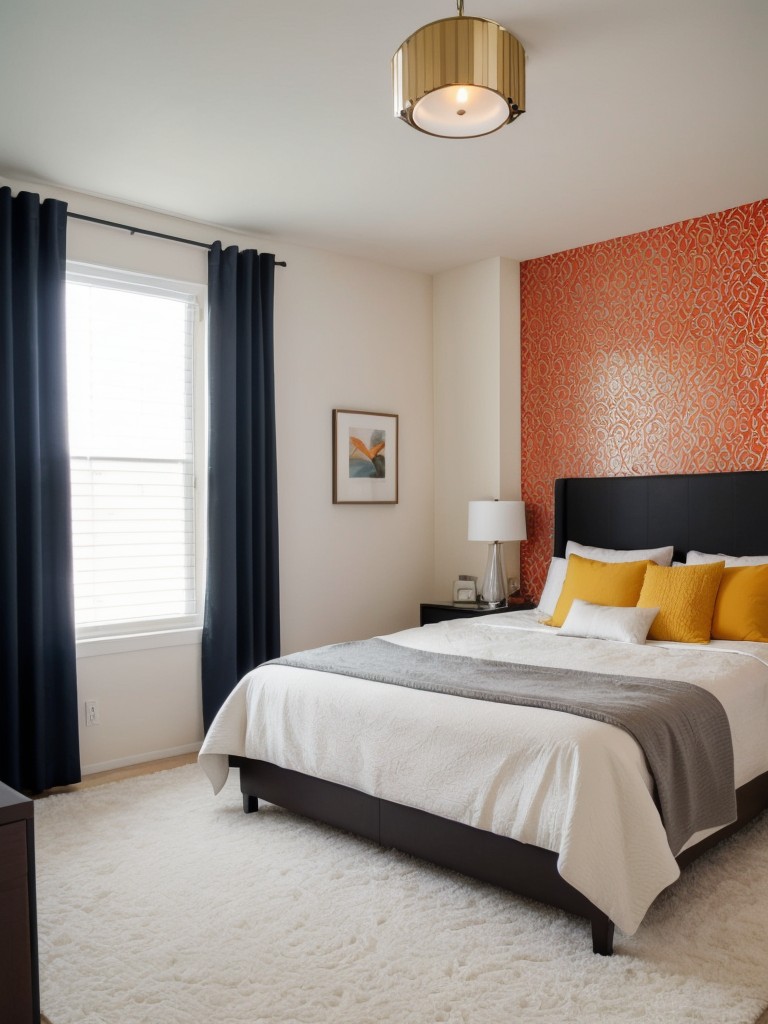 Create visual interest in your modern apartment bedroom with a bold accent wall, using vibrant colors, textured wallpaper, or a striking wallpaper pattern to make a stylish statement.