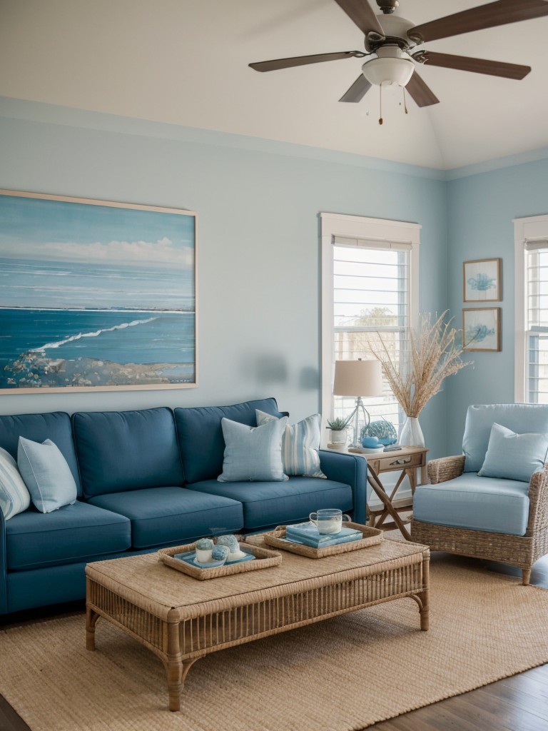 Design a coastal-themed living room in your apartment by incorporating breezy blue hues, natural fibers, and nautical accents to create a serene and beachy ambiance.