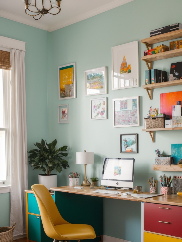 Design an eclectic home office in your apartment, infused with vibrant colors and unique décor pieces for a creative and energizing workspace.