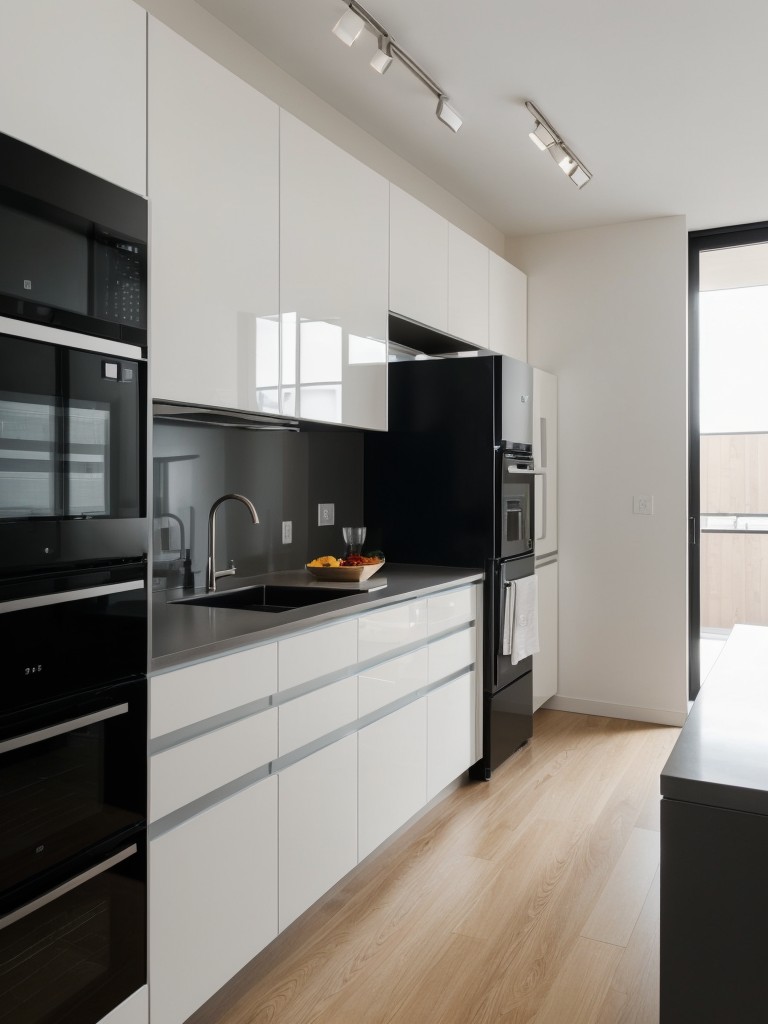 Design a modern apartment kitchen with sleek appliances that offer a streamlined, contemporary look.