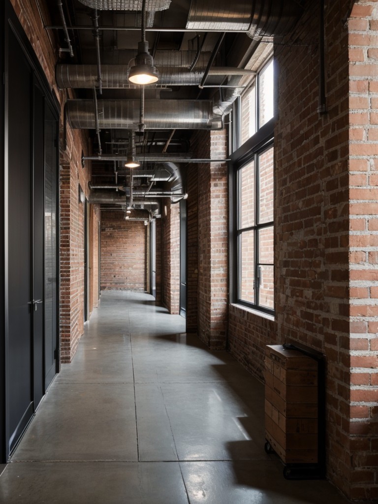 Embrace the industrial aesthetic in your apartment hallway by exposing the brick walls, adding industrial lighting fixtures, and utilizing metal accents for a modern and urban look.