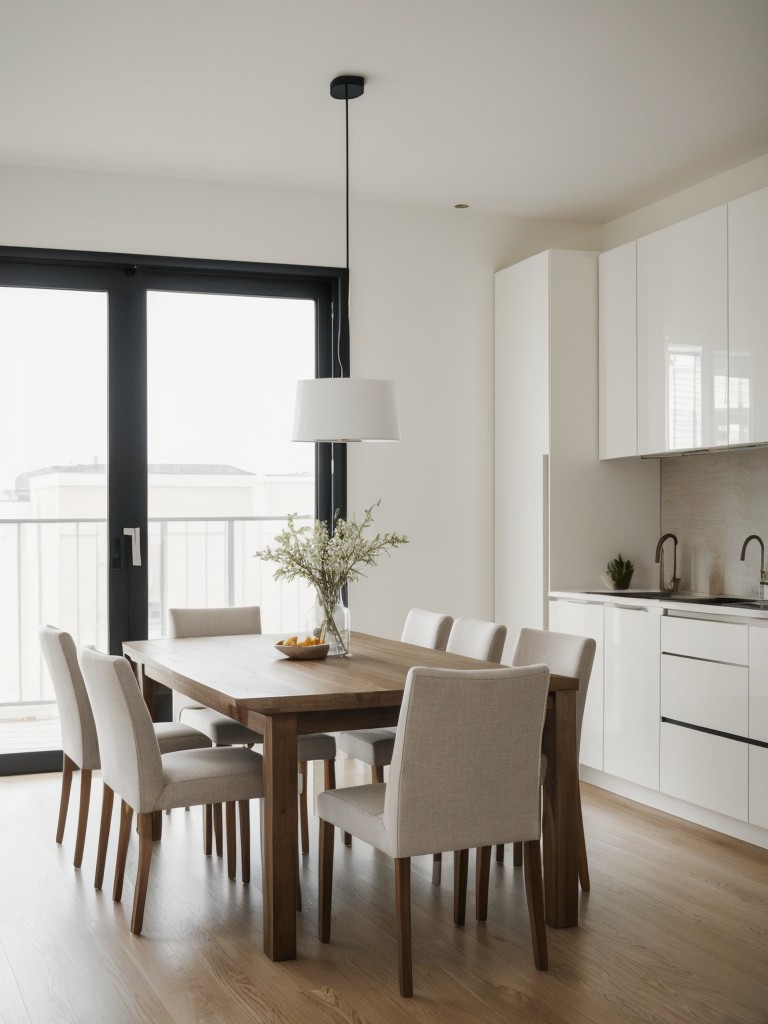 Embrace a minimalist approach in your apartment's dining area, opting for clean lines, understated furniture, and a neutral color scheme for a calming and sophisticated space.