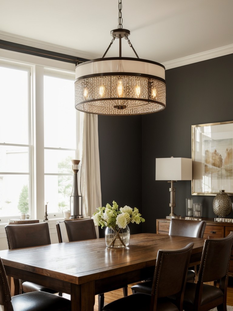 Embrace transitional style in your apartment's dining area by combining traditional and contemporary elements, such as mixing vintage furniture with modern lighting fixtures, creating a harmonious and sophisticated space.