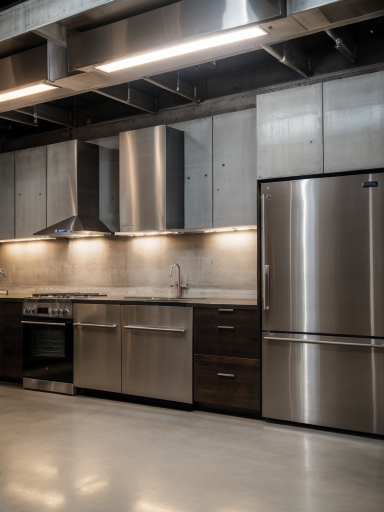 Embrace the urban aesthetic in your apartment kitchen with exposed concrete walls, industrial lighting fixtures, and stainless steel appliances for a trendy and edgy look.