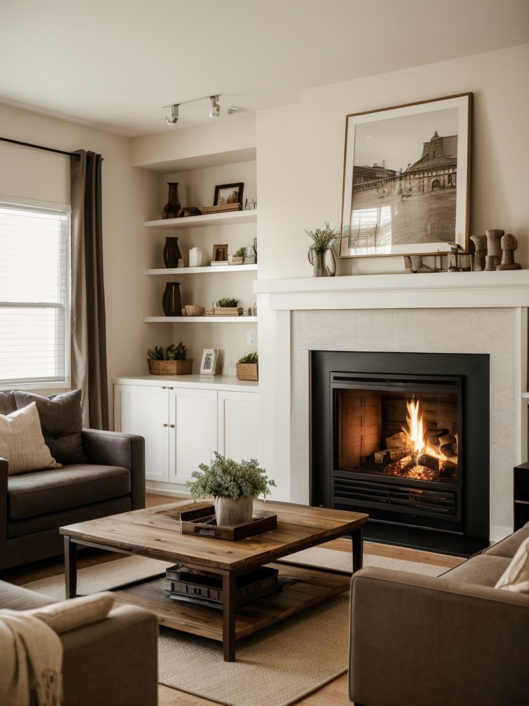 Incorporate a fireplace into your apartment living room for a stylish and functional element that creates a cozy atmosphere.