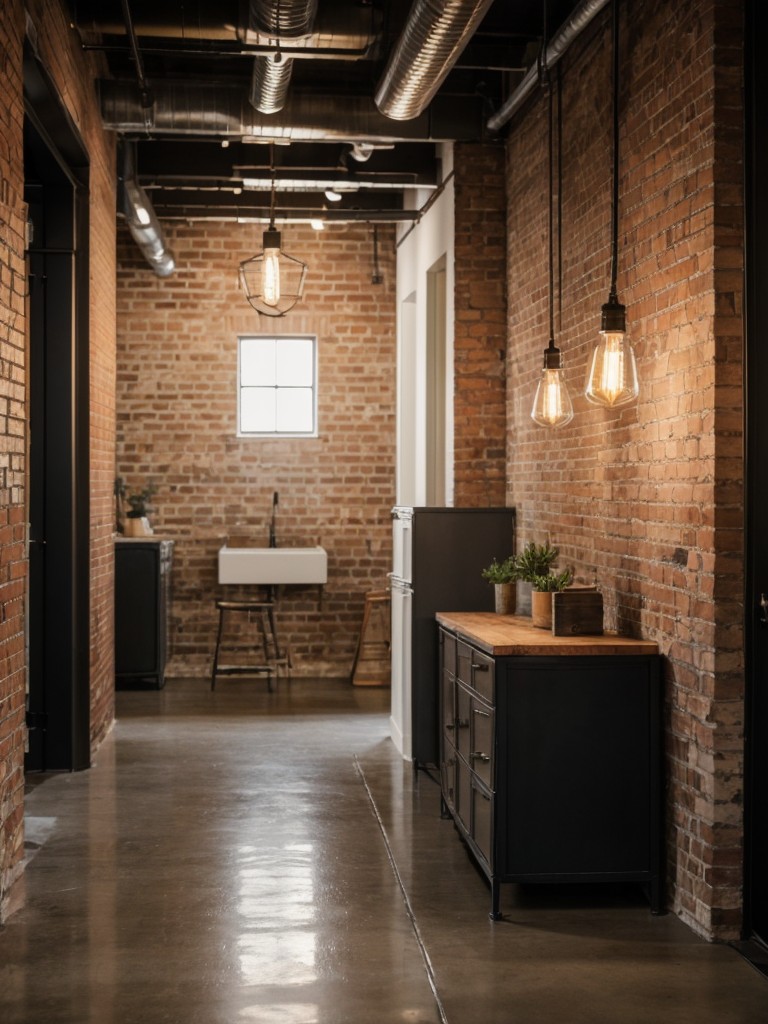 Incorporate an industrial vibe into your apartment hallway with exposed brick walls, metal shelving, and edison bulb light fixtures to create a chic and trendy atmosphere.