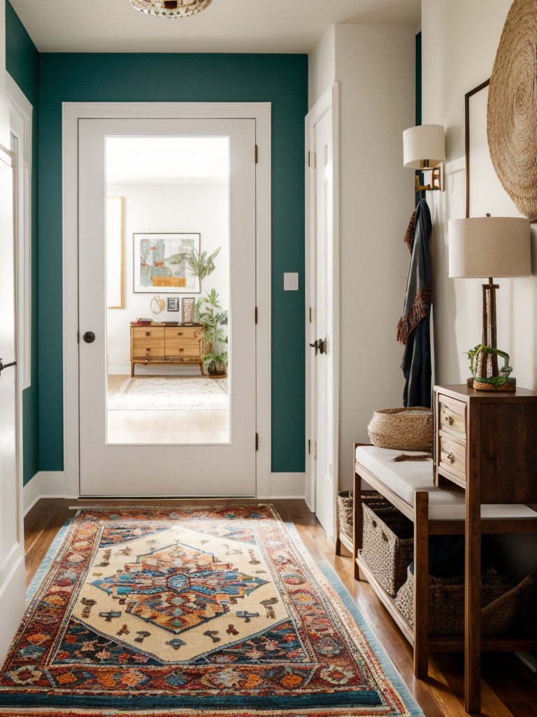 Infuse your apartment entryway with bohemian style by mixing and matching colorful rugs, tribal prints, and unique accessories for a playful and eclectic feel.