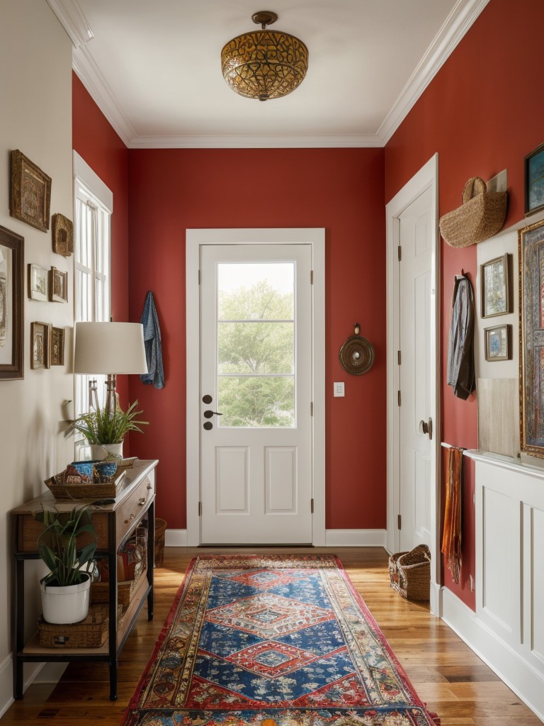 Make a bold statement in your apartment entryway with bohemian-inspired décor, vibrant colors, and varied textures for a truly eclectic look.