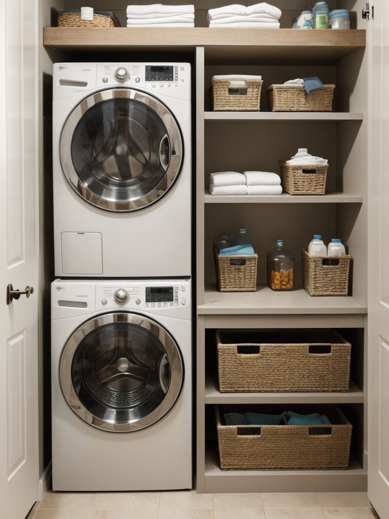 Maximize the functionality of your apartment laundry room with smart storage solutions, such as cabinets, shelves, and hampers.