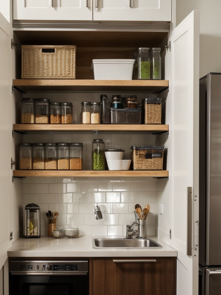 Maximize the space in your small apartment kitchen by incorporating open shelving for a streamlined and organized look.