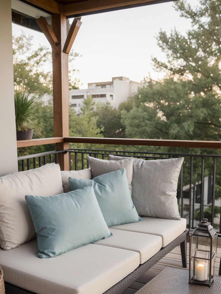 Transform your apartment balcony into a cozy outdoor retreat by incorporating comfortable seating, pillows, and throws.