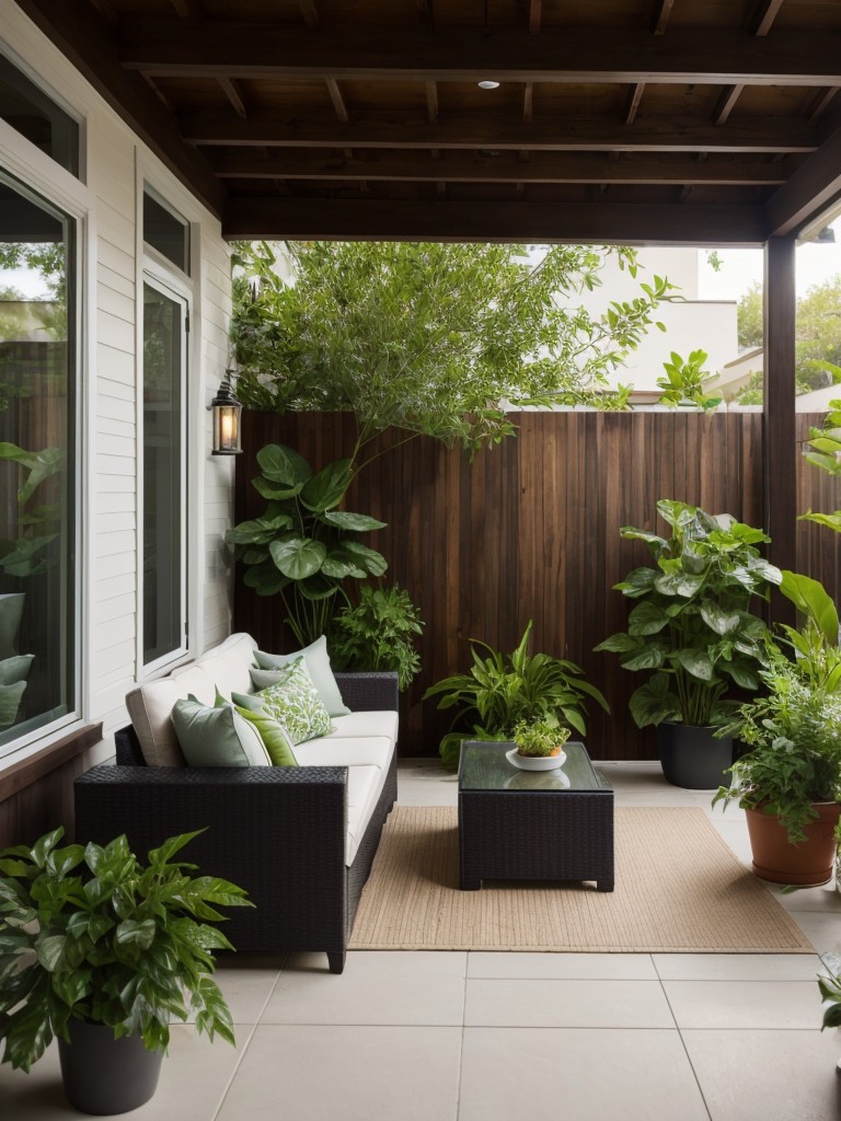 Transform your apartment patio into a lush oasis by incorporating vibrant plants and greenery.