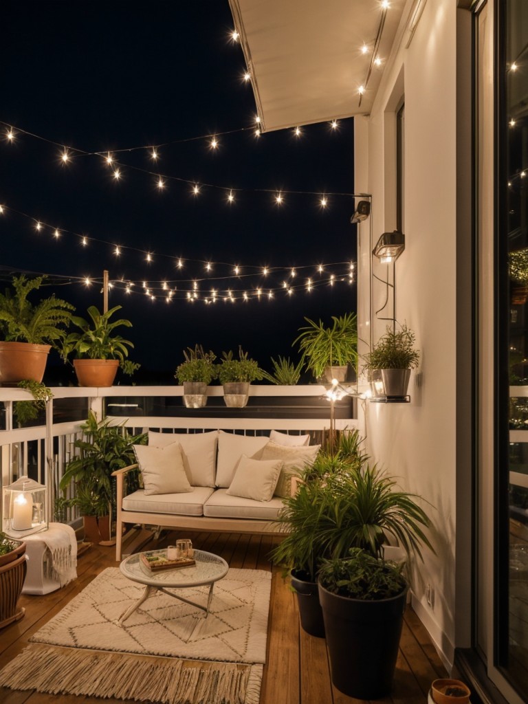 apartment balcony ideas with a comfortable seating area, potted plants, and string lights for a cozy outdoor space.