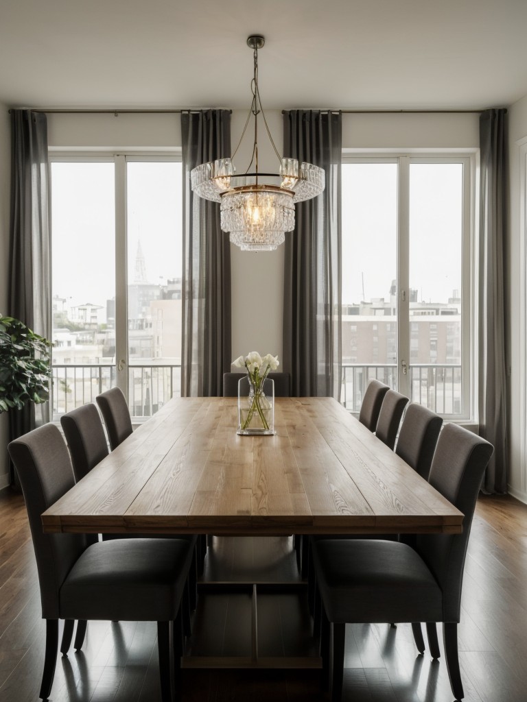 apartment dining room ideas with a large dining table, stylish seating, and pendant lighting for a sophisticated and elegant space.