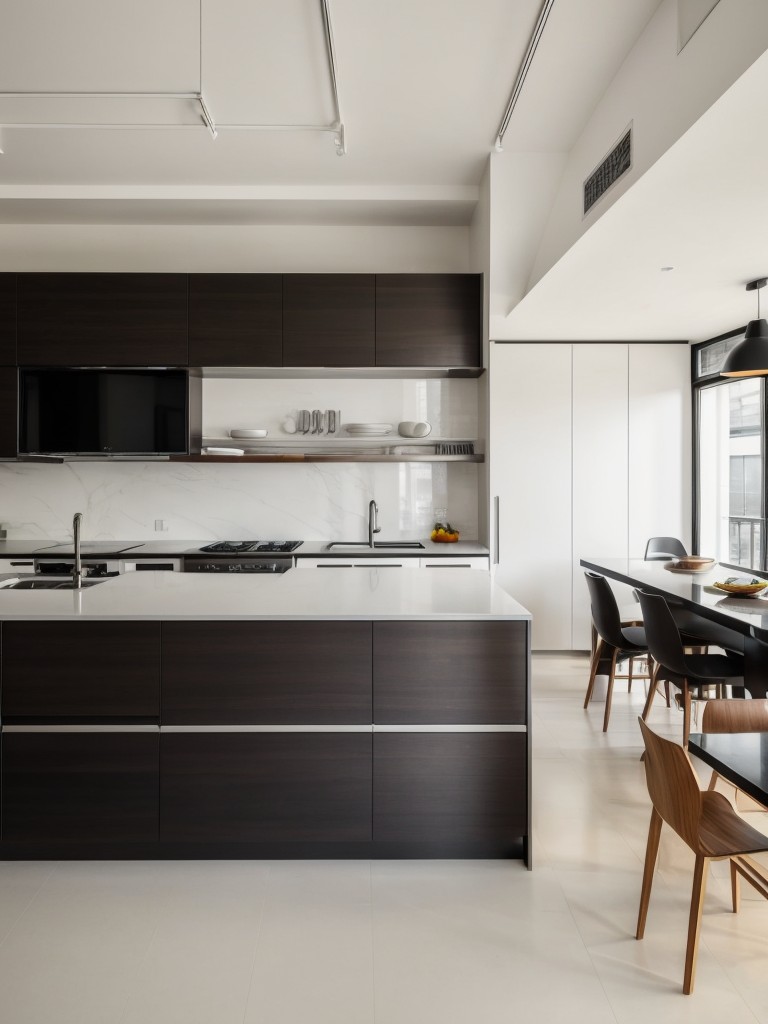 apartment kitchen ideas with open shelving, sleek appliances, and a central island for a modern and functional cooking space.