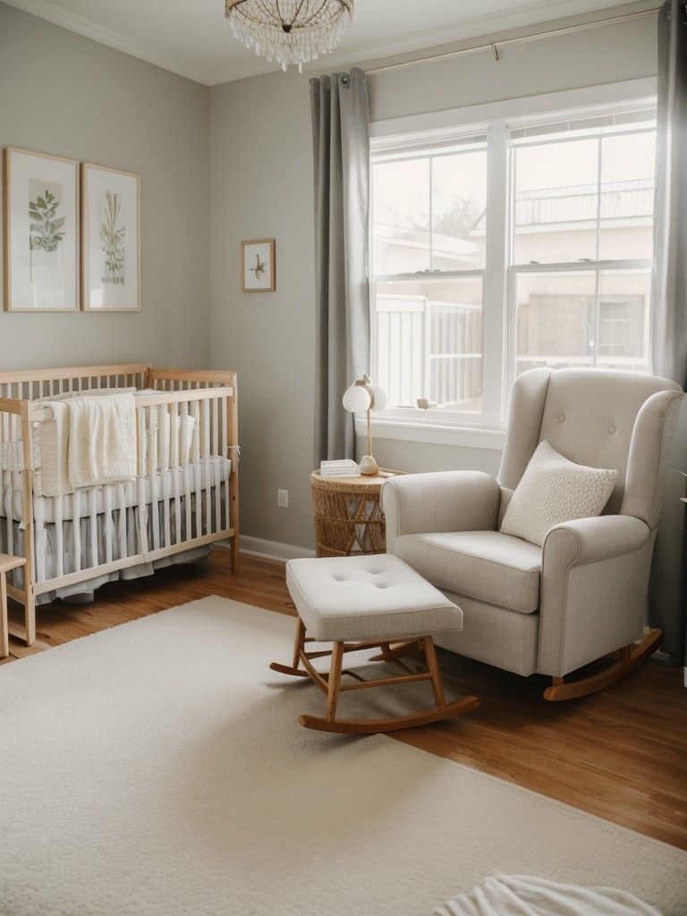 apartment nursery ideas with a comfortable rocking chair, functional storage solutions, and soft lighting for a peaceful and cozy baby room.