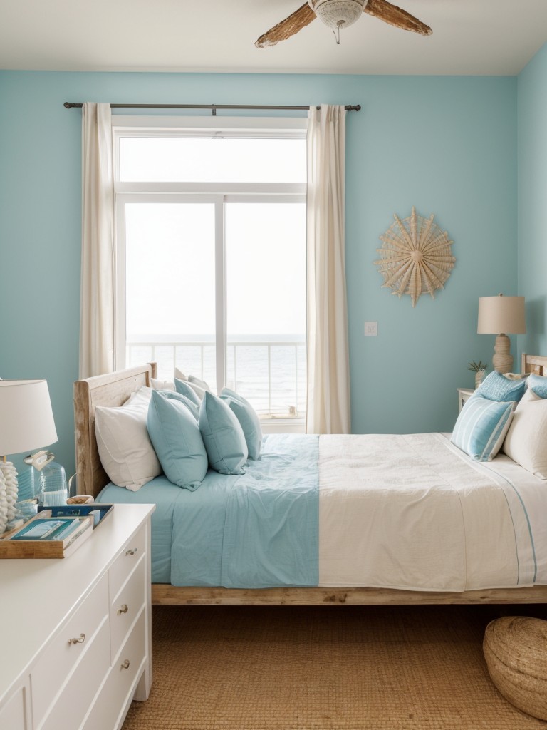 beach-themed apartment ideas with light, airy colors, nautical decorations, and natural elements like seashells and driftwood.