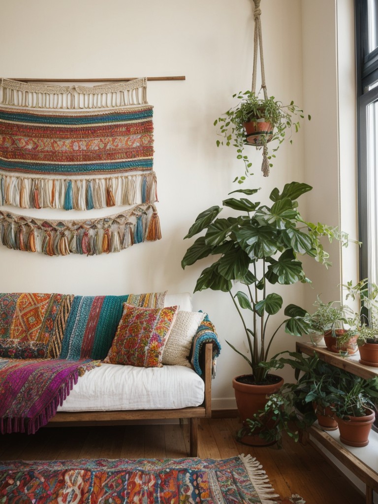 bohemian apartment ideas with vibrant textiles, macrame wall hangings, and plenty of plants for a free-spirited and eclectic atmosphere.