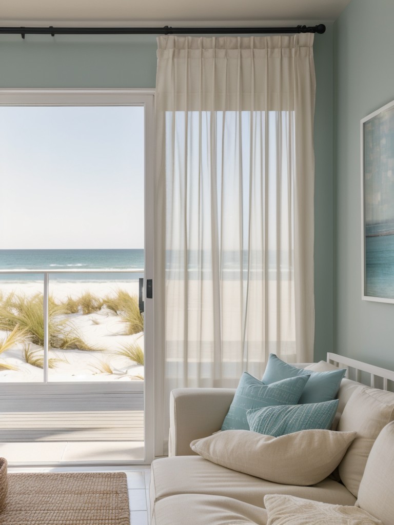 coastal apartment ideas with a light color palette, beachy accessories, and breezy curtains for a relaxed and beach-inspired atmosphere.