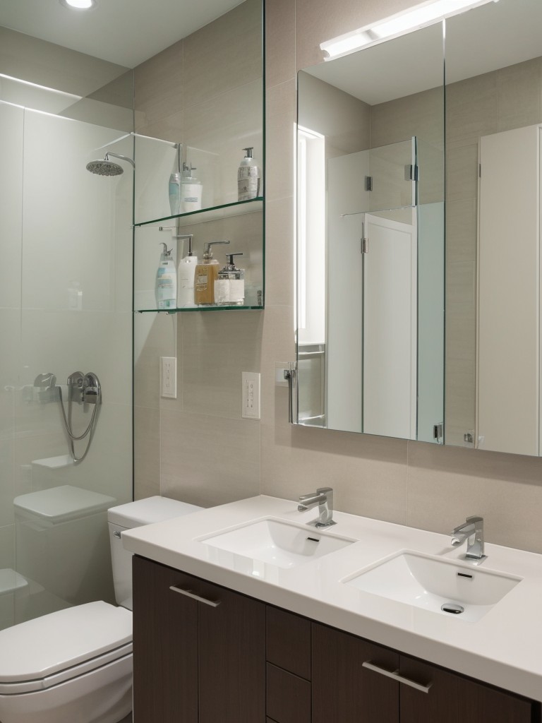 small apartment bathroom ideas with a floating vanity, glass shower enclosure, and mirrored cabinets to make the space appear larger and more open.