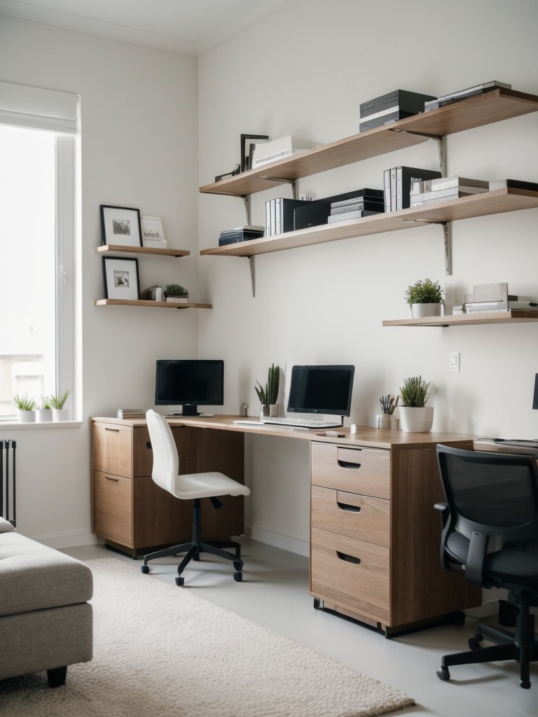 Consider a minimalist approach to your living room office design, with sleek furniture, open shelving, and a clutter-free workspace to promote a sense of calm and focus.
