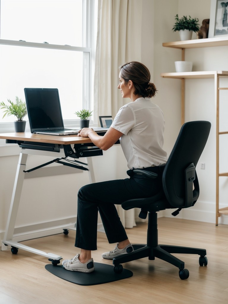 Consider a standing desk option in your living room office to improve posture and overall health, or invest in a balance board or stability ball for active sitting.