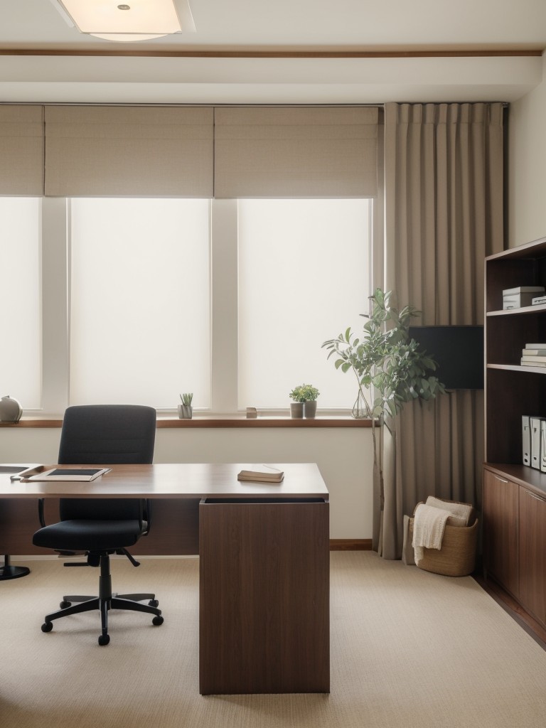 Create a calming and conducive work environment in your living room office by using neutral colors, soft textiles, and acoustic panels to reduce noise distractions.