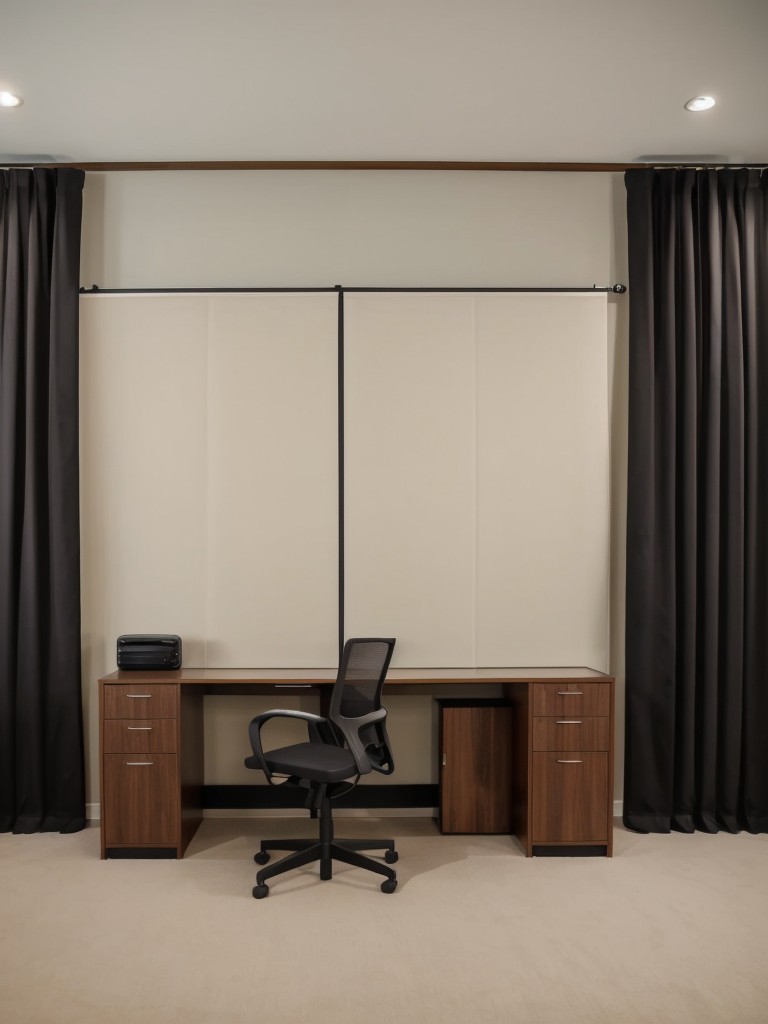 Designate a separate area in your living room office for video conferencing or virtual meetings, ensuring privacy and a professional backdrop with a few stylish room dividers or curtains.