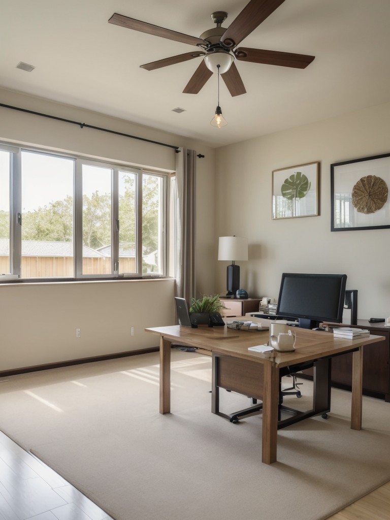 Don't forget to add proper ventilation and air circulation in your living room office, using ceiling fans, air purifiers, or open windows, to maintain a fresh and breathable atmosphere.