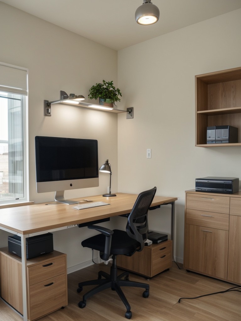 Enhance productivity in your living room office with task lighting, adjustable desk height options, and a designated area for computer peripherals and charging stations.