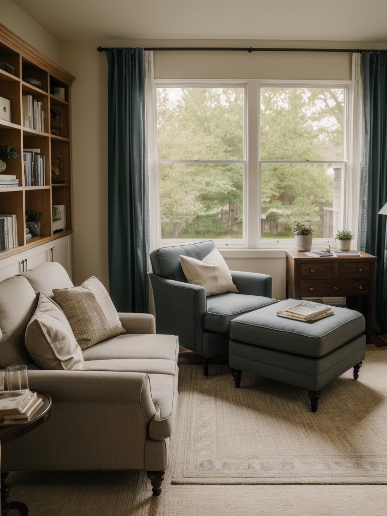 Include a cozy reading nook or relaxation area within your living room office, complete with a comfortable armchair or chaise lounge, where you can unwind after a long day.
