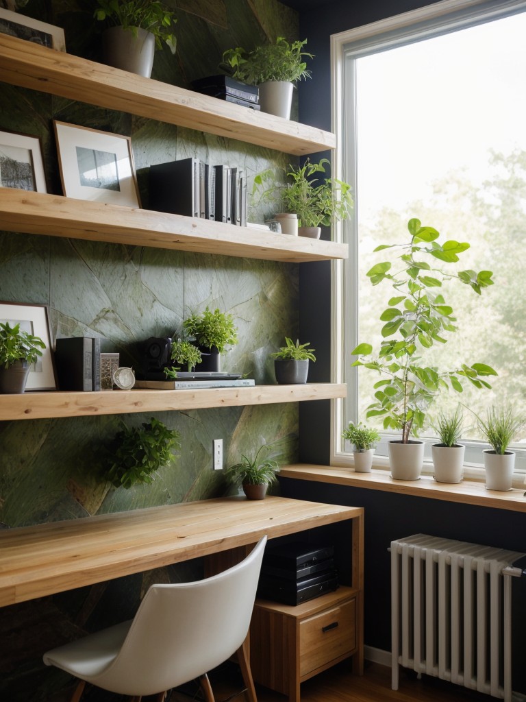 Incorporate biophilic design principles into your living room office, such as natural materials, green walls, or a mini indoor waterfall, to create a calming and nature-inspired workspace.