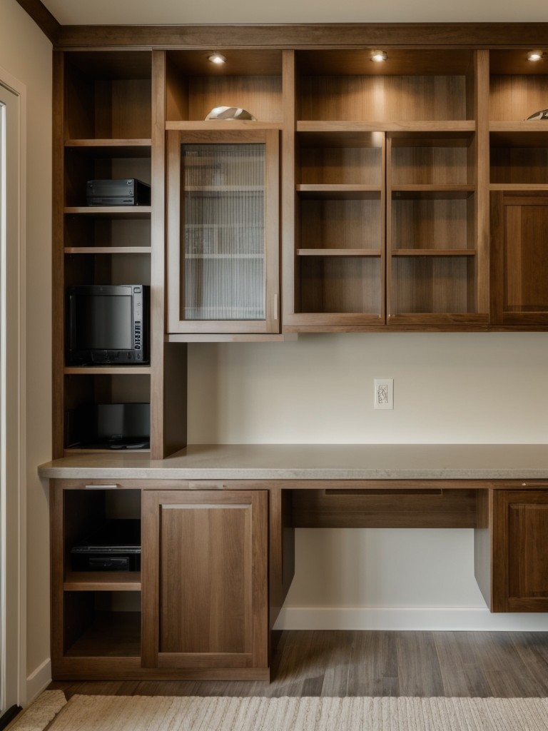 Incorporate built-in storage solutions into your living room office, such as built-in bookshelves or cabinets, to keep your workspace organized and clutter-free.