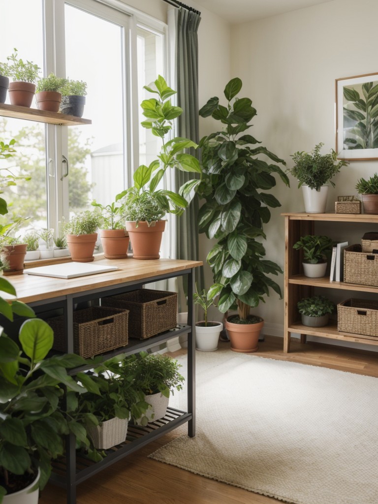 Incorporate natural elements into your living room office design, such as potted plants or a small indoor herb garden, to add freshness and improve air quality.