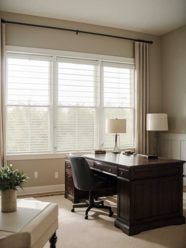 Maximize natural light in your living room office by strategically placing your desk near a window, and complement it with light-filtering curtains or blinds for privacy.