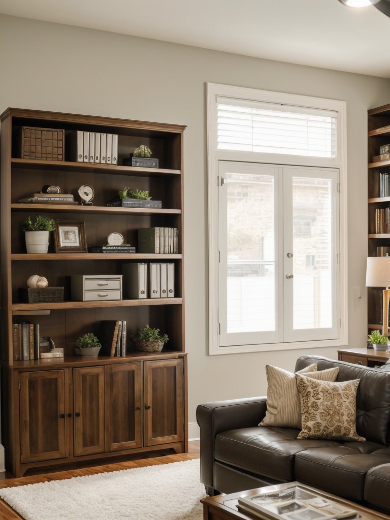 Optimize your living room office layout by utilizing floating shelves, wall-mounted organizers, and multifunctional furniture pieces like storage ottomans or bookcase room dividers.
