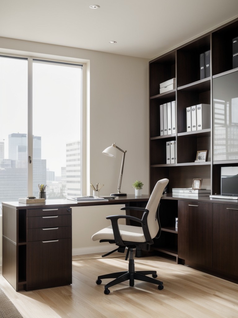Transform your living room into a functional and stylish office space with a sleek desk, ergonomic chair, and ample storage for office supplies.