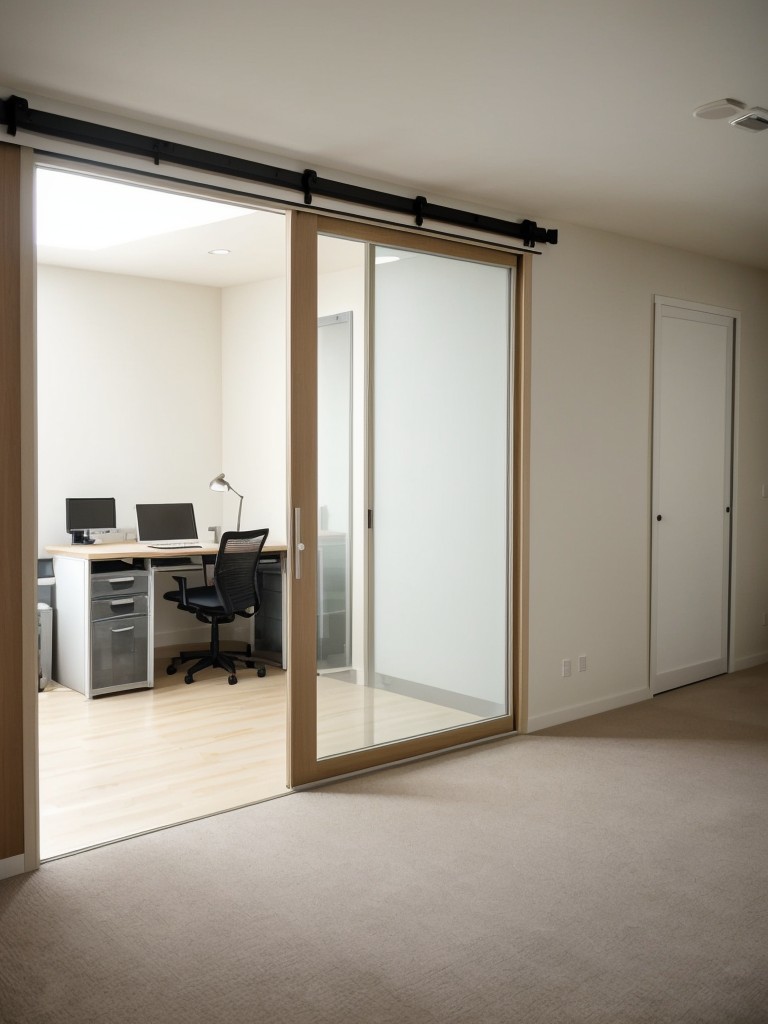 Use a sliding door or room partition to physically separate your living room office from the rest of your space, creating a distinct zone for work-life balance.