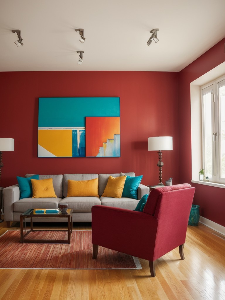 Artistic apartment living room paint ideas, incorporating bold and vibrant colors to showcase a gallery-like atmosphere and highlight artwork.