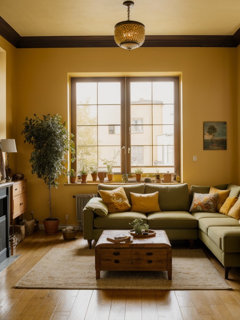 Bohemian apartment living room paint ideas, featuring warm and earthy tones such as terracotta, mustard yellow, and olive green for a cozy and eclectic feel.