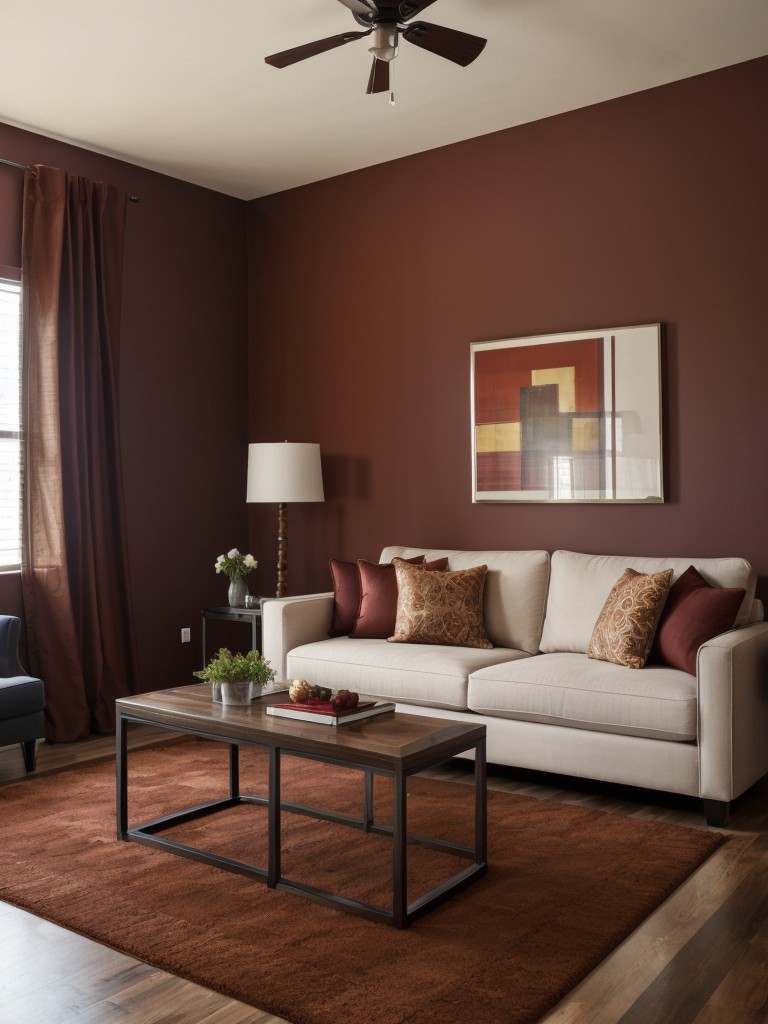 Bold and vibrant apartment living room paint ideas, featuring dramatic accent walls in deep jewel tones or rich earthy hues.