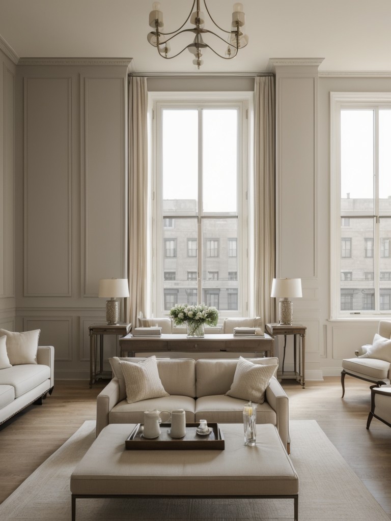 Classic and timeless apartment living room paint ideas, using neutral shades like off-white, beige, and light gray to create a sophisticated and elegant backdrop for any design style.