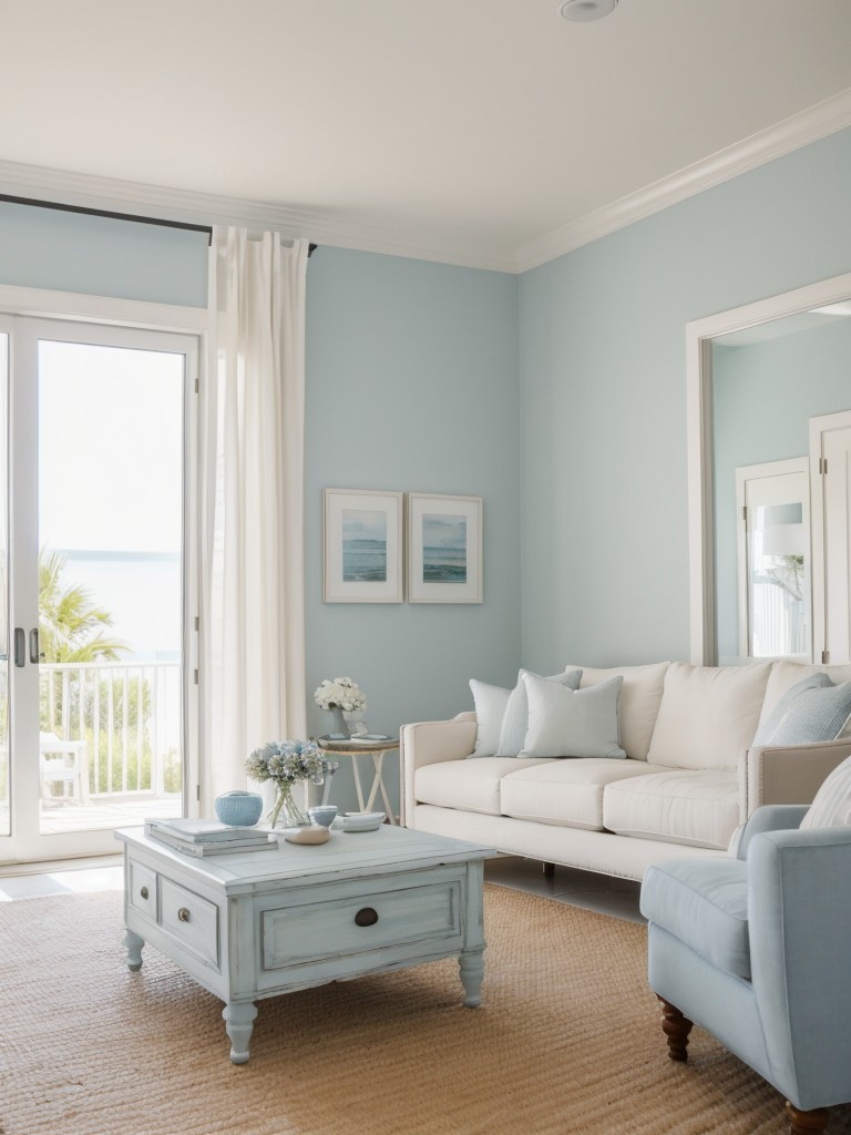 Coastal chic apartment living room paint ideas, opting for a soft and serene color palette of whites, blues, and sandy beige to bring a relaxed beach-inspired look to the space.